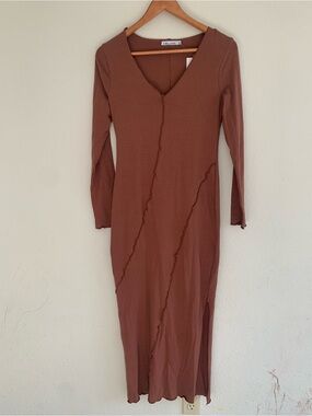 Culture Code Brown V-Neck Long Sleeve Lettuce Edge Midi Dress NWT Size M Fall
